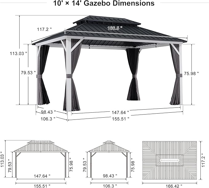 PURPLE LEAF 10' X 14' Hardtop Gazebo, Metal Double Roof White Aluminum Frame Outdoor Heavy Duty Gazebo with Curtain and Netting for Patio, Garden and Backyard, Grey
