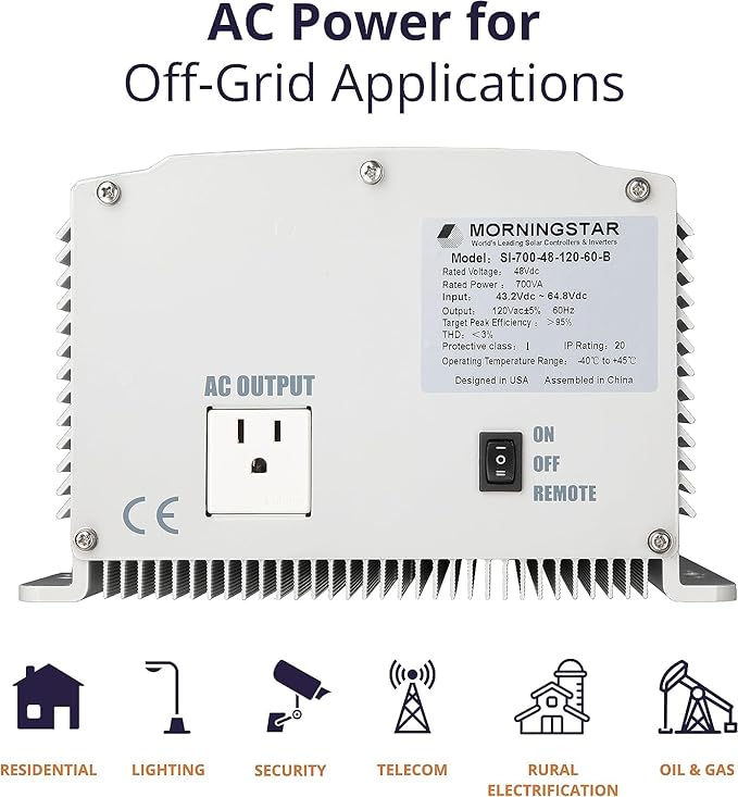 Morningstar SureSine 300W Pure Sine Wave Off-Grid Inverter - 24VDC, 120VAC, 60Hz, Type B AC Terminals (SI-300-24-120-60-B) - DC to AC Converter, Solar/Non-Solar Systems, Bluetooth Mobile Apps