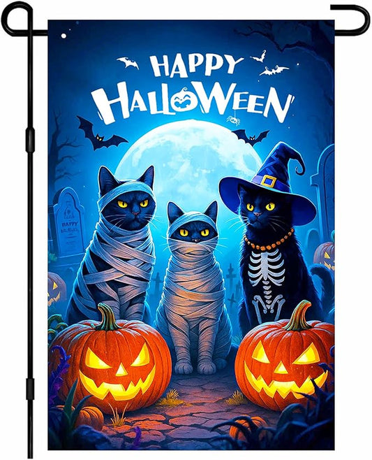 IVN Happy Halloween Garden Flag 12x18 Inch Double Sided Black Cat Skeleton Mummy Pumpkin Witch Hat Moon Outdoor Yard Flag for Outside Front Door Lawn Porch Patio Welcome Decor