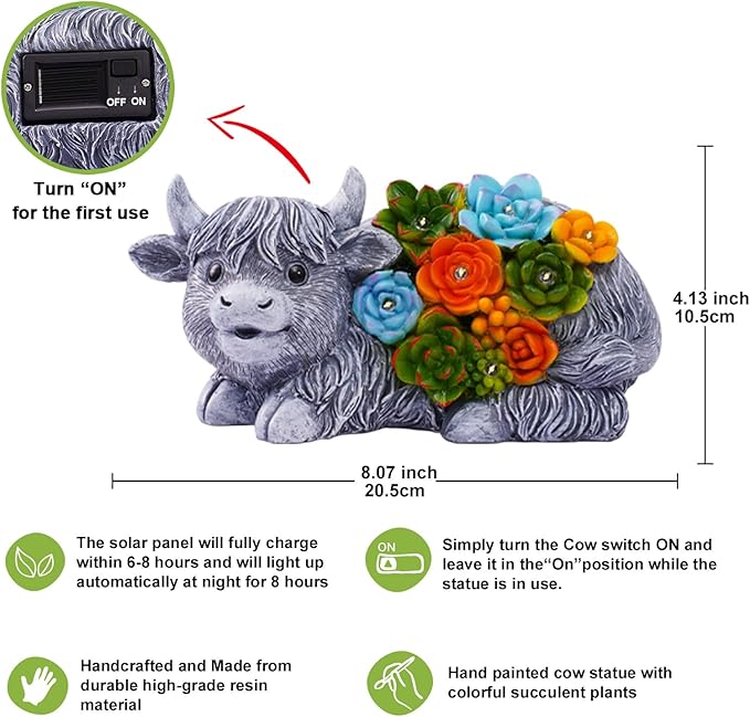 Nacome Solar Garden Statues Highland Cow with Succulent and 6 LED Lights - Lawn Decor for Patio Balcony Yard Ornaments - Birthday Gifts Mom Grandma Women(Grey)