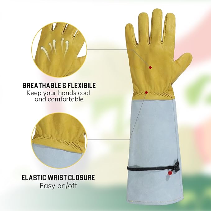 HANDLANDY Rose Gloves for Men & Women, Long Leather Gardening Gloves Thorn Proof, Best Garden Gifts & Tools for Gardener (Yellow-beige, Large (Pack of 1))
