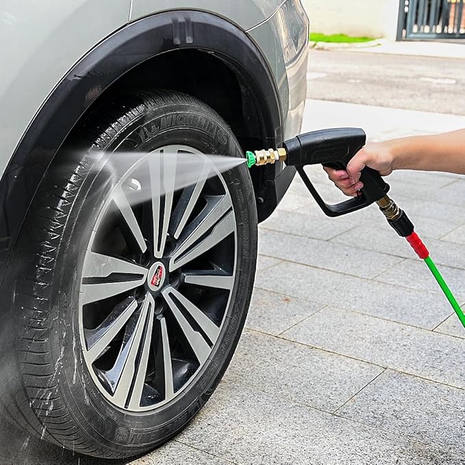 YAMATIC Short Pressure Washer Gun and Hose, 50 FT Flexible Hose with Stubby Power Washer Trigger Handle, 3/8" Swivel Quick Connect & M22-14mm Adapter Replacement for Ryobi Simpson Craftsman (Green)