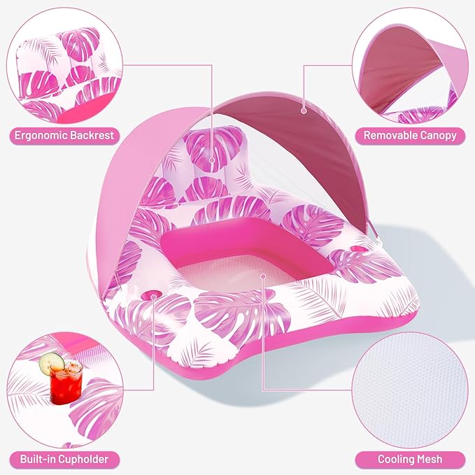 【Upgraded】 Pool Floats Adult with Canopy, XL Inflatable Pool Floaties for Adults Heavy Duty, Pool Chair and Lounge for Swimming in Pool Beach Lake, Float for Pool Floating with Cup Holder, Backrest