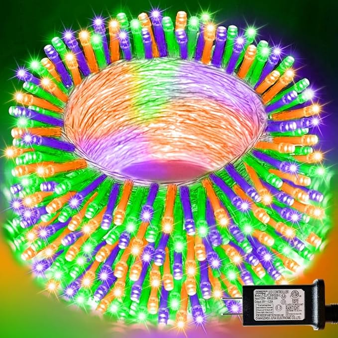 33ft Halloween Decorative Mini Lights, 100 LED Clear Wire Fairy Starry String Lights Plug in, 16Lighting Modes for Halloween Outdoor Party Decoration (Orange/Purple/Green)