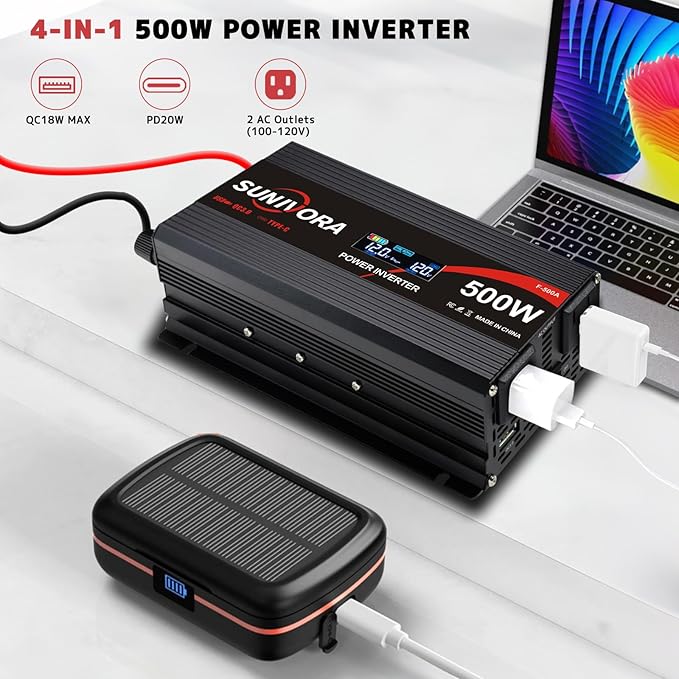 500 Watt Inverter with LCD Display 12V DC to 110V/120V AC 1000 Watt(Peak) Car Power Inverter with 2 AC Outlets 20W PD USB-C and 18W QC USB-A Power Converter for Car, Laptops, Road Trip