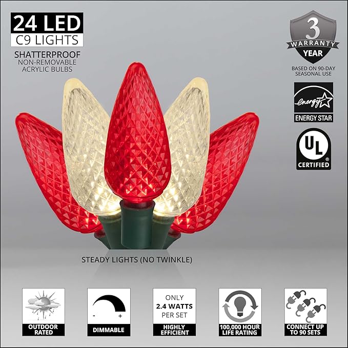 Wintergreen Lighting C9 Red and White Christmas Lights Set of 24, 16.3 Ft. LED Christmas Lights Red-Warm White Indoor-Outdoor C9