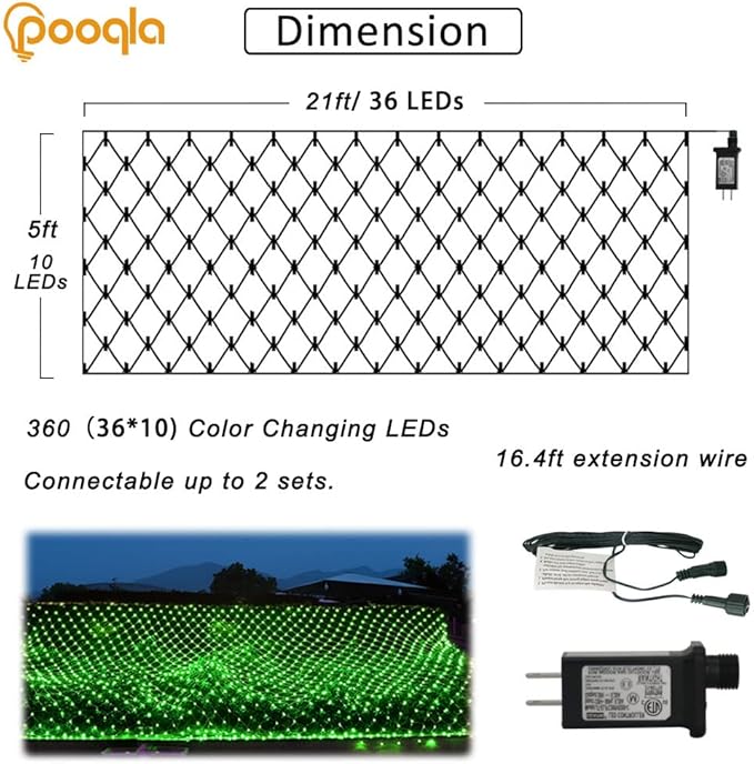 Pooqla 21 ft x 5 ft Net Lights, 360 LED Green Net Light Outdoor Mesh Light Halloween Lights 8 Modes for Bushes Yard Garden Party Decor