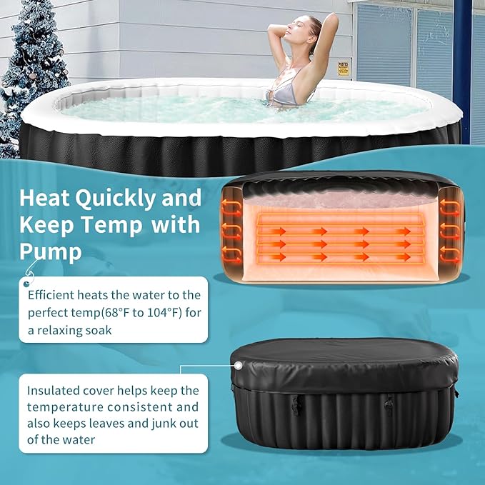 Inflatable Hot Tub with LED Lights, 2 Person Oval Portable Blow up Hot Tub Spa with Side Table, Leak-Proof PVC Outdoor Spa with 100 Air Jets, Heater Pump and Insulated Cover, 75” L X 47”W X 25”H