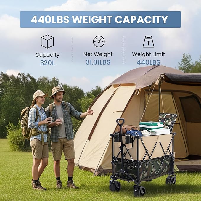 DUMOS Large Capacity Folding Double Decker Wagon with Brakes, 440 lbs Wagons Carts Foldable Wagon Cart with Flexible Handle, All-Terrain Big Wheels for Grocery Sports Garden Camping