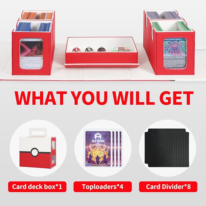 AFIING Commander Deck Box for MTG/EDH, Fits 400+ Double-Sleeved Cards, with Display Window, 4 Removable Deck Cases, Dividers, Dice Tray & Handle, Card Holders for TCG (White Red)