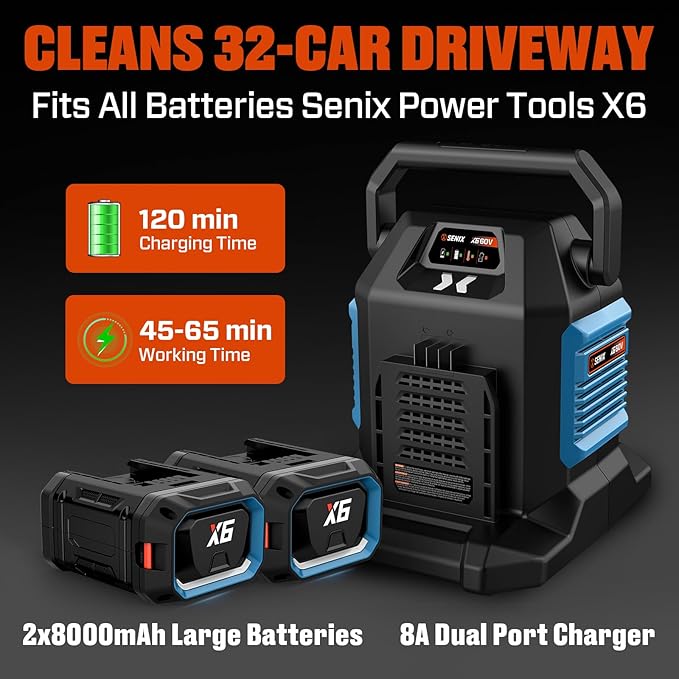 SENIX 21-Inch 60 Volt Cordless Snow Blower with Heated Handles and Steel Auger, 13-Inch Clearing Depth, 45-Foot Max Throw Distance, Dual LED Lights, 2 * 8.0Ah Batteries and Dual Port Charger Included