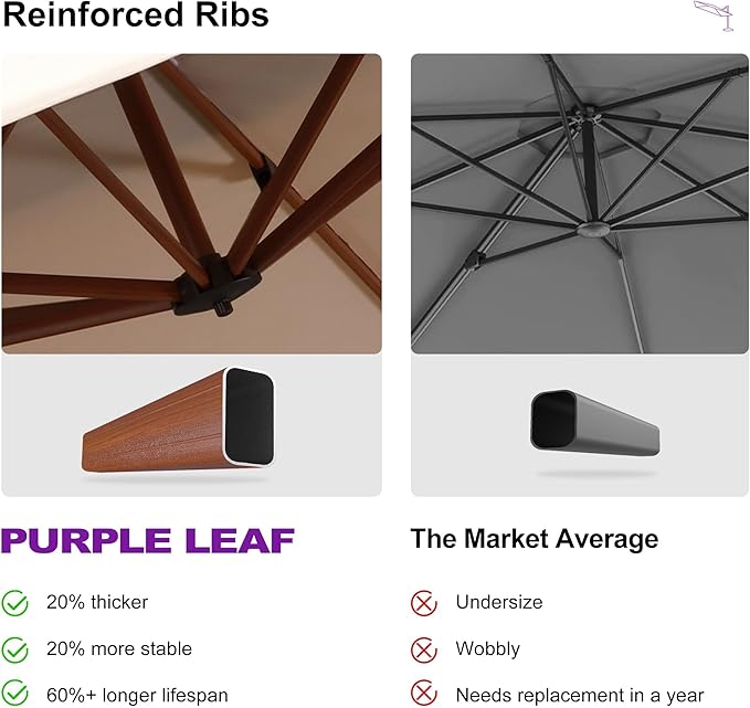 PURPLE LEAF 9' X 12' Patio Large Cantilever Umbrella Outdoor Round Wood Umbrellas Offset Umbrella Heavy Duty Sun Umbrellas for Garden Deck Pool, Deep Beige
