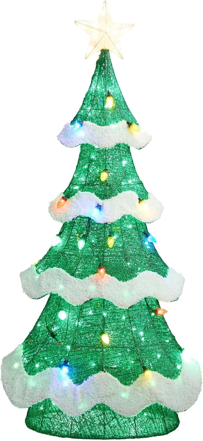 Glitzhome 56.25" H Lighted Christmas 3D Mesh Tree, Outdoor Decor with Colorful Long-Lasting Bulbs Holiday Lawn Ornament Yard Decoration Outdoor and Indoor use Long Lasting, 171 Green LED Lights