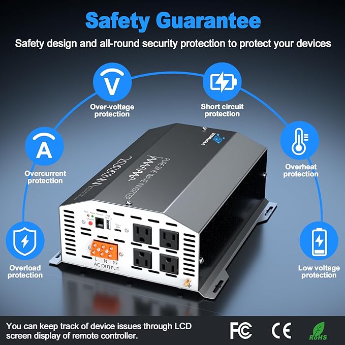 2000 Watt Pure Sine Wave Inverter 12v DC to 110v 120v AC Converter,4000W Peak Power Inverter with 4 AC Outlets,USB Port,Type-C,Remote Control LCD Display for Truck, RV, Vehicles, Solar Off-Grid