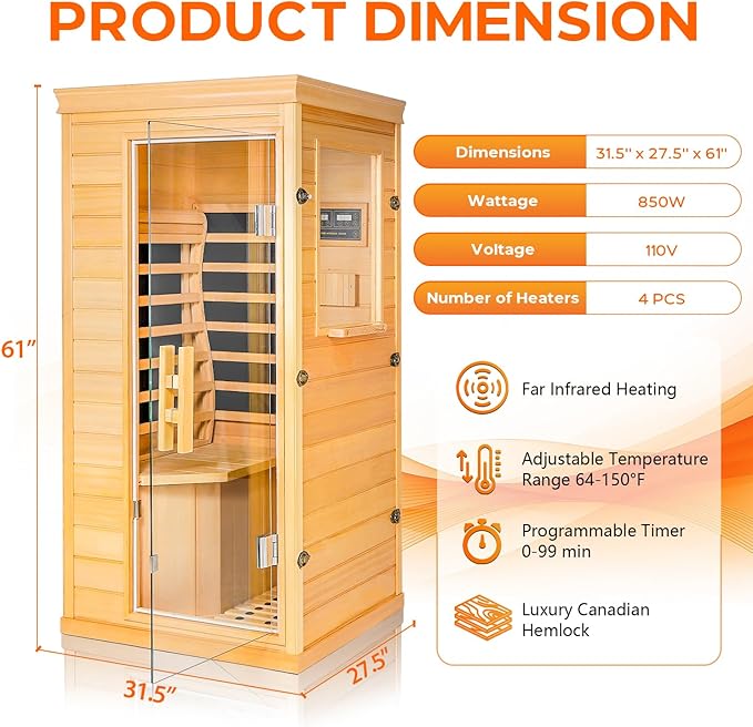 Far Infrared Sauna - 1 Person Infrared Sauna Red Light Therapy for Home, 850W 110V Canadian Hemlock Wood Saunas with Control Panel/Tempered Glass Door/Speakers, Mini Sauna Dry Room (Wood)