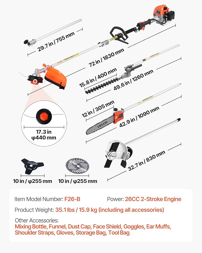 Gas Chainsaw with Extension Pole VEVOR, Top Handle 12 Inch, 26cc 2-Cycle 7-in-1 Pole Saw Multi-Tool w/Safety Gear—Hedge Trimmer, String Trimmer/Weed Eater, Edger, Brush Cutter (3T/40T)