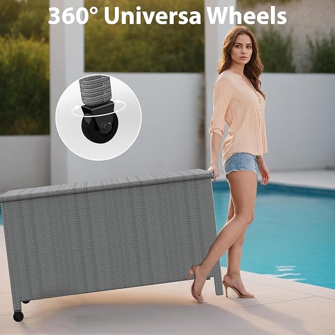 140 Gallon Outdoor Storage Deck Box, Large Rattan Storage Bin Wheel for Patio Cushions, Garden Tools and Pool Supplies, Waterproof, Grey