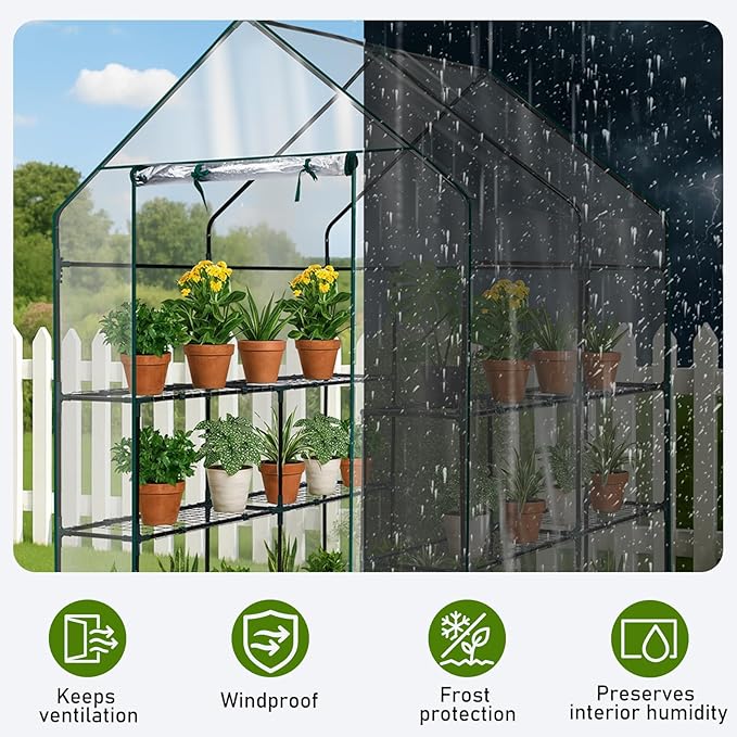 Outvita Walk-in Greenhouse, Outdoor Durable PVC Plant Green House for Frost Protection with 3 Tiers 8 Shelves, Shelf Clips, Roll-up Zipper Door, 56"x56"x77" Transparent