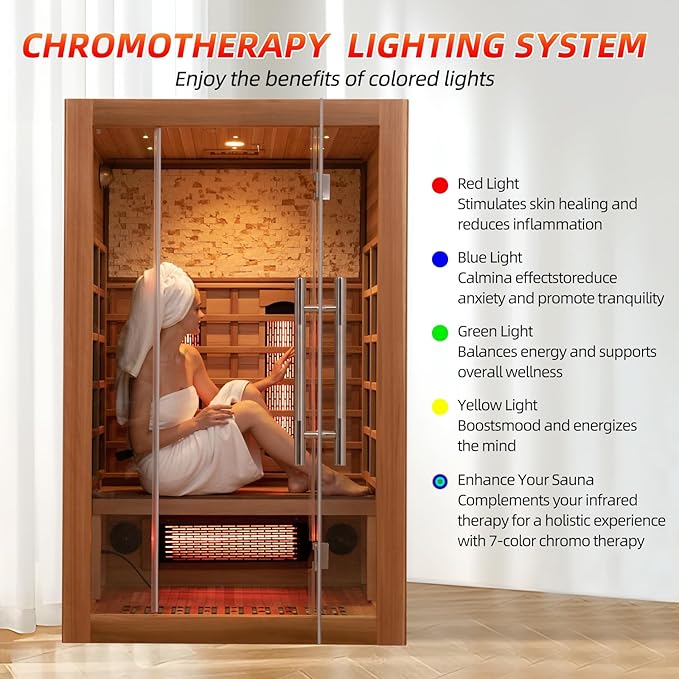 Infrared Sauna Room with WiFi Control, 2 Person Canadian Cedar Wood Indoor Saunas Spa with Red Light Therapy, Oxygen Bar, Speaker, Backrest, 1800W/220V, Ideal Sauna for Gym, Home
