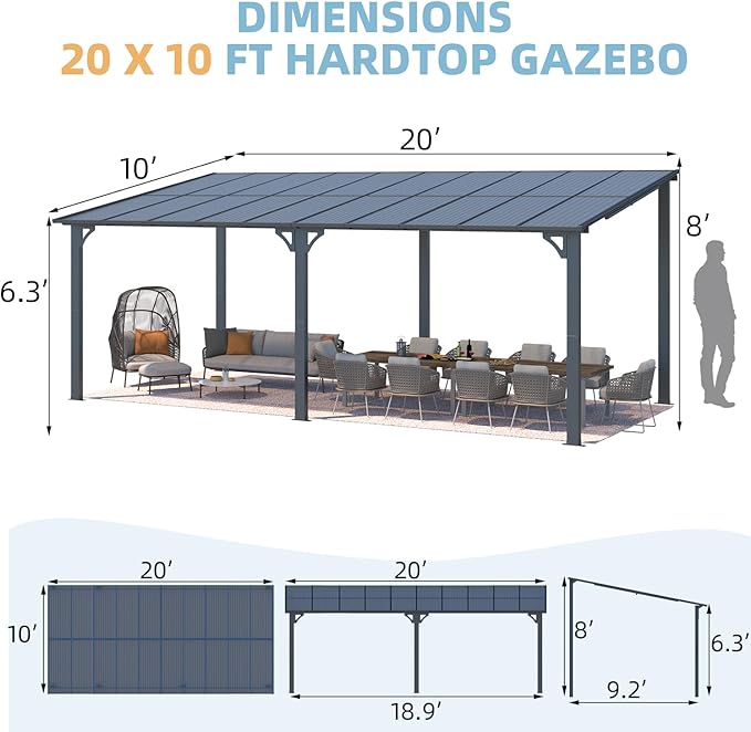 AECOJOY 20' x 10' Outdoo Gazebo for Patio, Large Wall-Mounted Pergolas and Gazebos Clearance Hard Top 10x20 Lean to Metal Gazebo Shelter Patio Roof, Heavy Duty Awnings for Patio, Decks