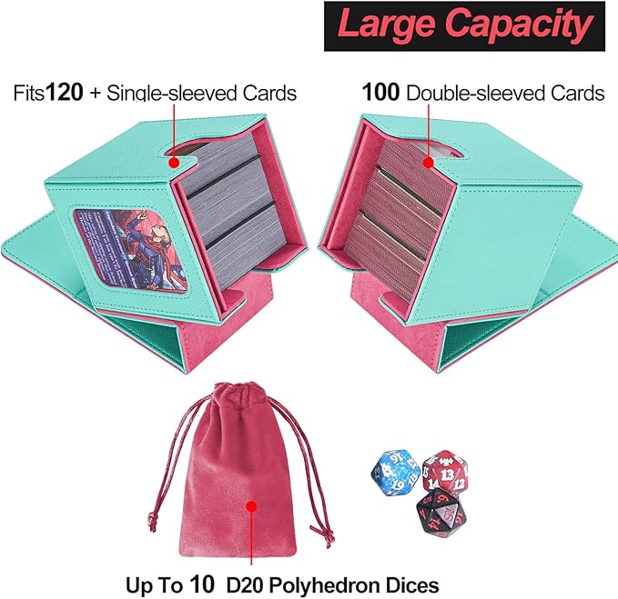 AFIING MTG Deck Box for Commander Display,Card Deck Case Fits 100 Double Sleeved Cards, Magic Commander TCG Card Storage Box with 2 Dividers,Dice Bag and 1 Toploader(Green Rose pink)