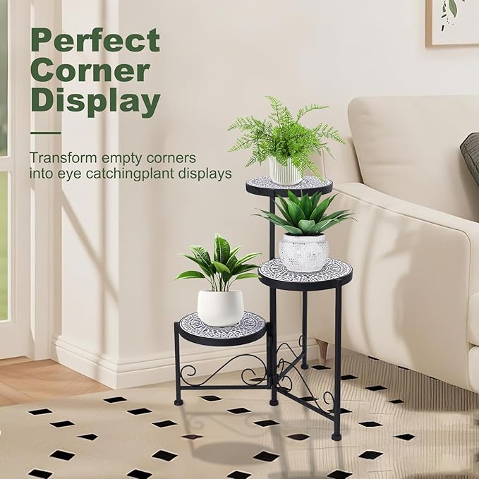3 Tier Mosaic Plant Stand Foldable Corner Shelf for Indoor Outdoor Tall Plant Holder Display Rack for Patio Balcony Living Room Garden Decor