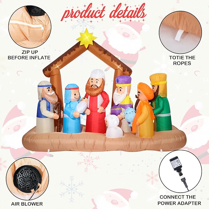 VCUTEKA Christmas Inflatables Outdoor Decorations, 7FT Inflatable Nativity Scene Manger Set with Sheep Stable Jesus Blow Up Built-in LED Lights for Holiday Yard Garden Lawn Xmas Decor