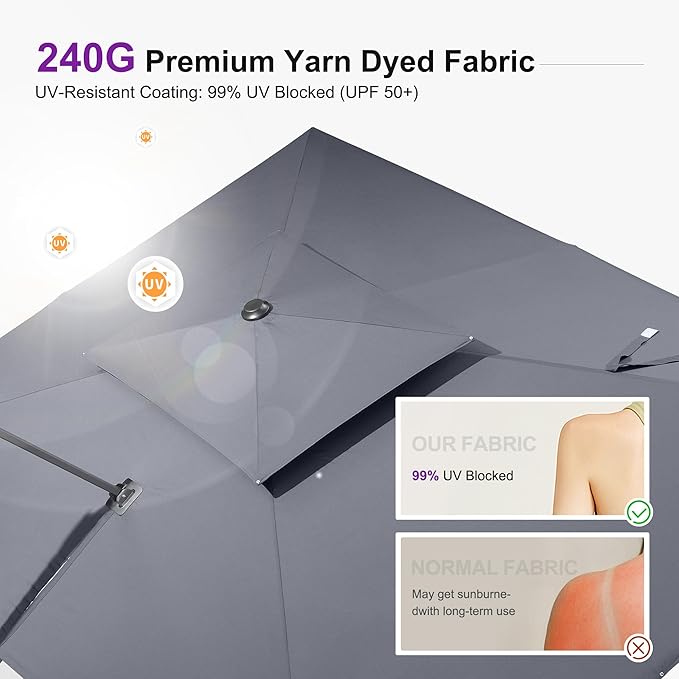 PURPLE LEAF 10ft Patio Umbrella with Base Large Outdoor Square Umbrella Deluxe Hanging Double Top Cantilever Offset Market Umbrella Windproof Garden Umbrella Grey