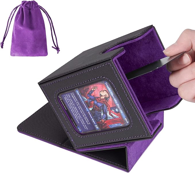 AFIING MTG Deck Box for Commander Display,Card Deck Box Fits 100 Double Sleeved Cards, Magic Commander TCG Card Storage Box with 2 Dividers,Drawstring Bag and 1 Toploader(Black/Purple)