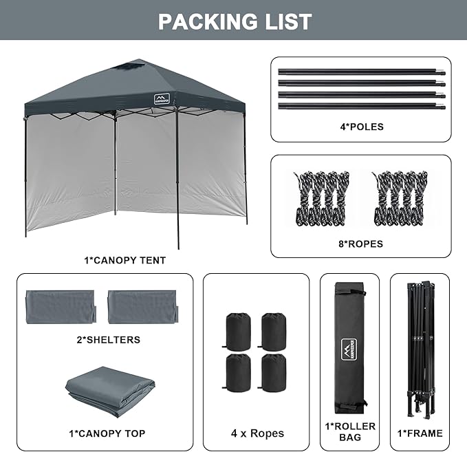 KAMPKEEPER 10x10 Easy Pop Up Canopy Tent with Sidewalls, Instant Outdoor Shade Shelter with Removable 10FT Sun Walls, Quick Setup Waterproof and UV-Resistant for Patio (Dark Gray, 2 sidewall)