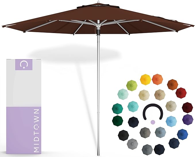 Midtown Umbrellas Push Pop Sunbrella Umbrella 10 Feet Large Outdoor Umbrella With Bay Brown Acrylic Fabric - Deck Patio Umbrella, Backyard Umbrella, Garden Umbrella & Pool Umbrella - Black Pole