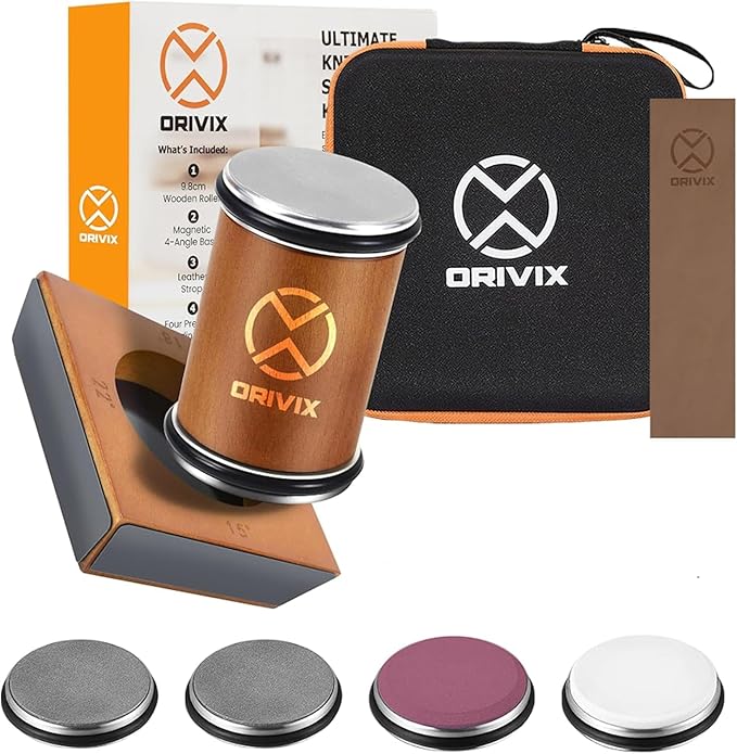 Rolling Knife Sharpener Kit – Magnetic 4-Angle Base, 3.86 Inches Longer Wooden Roller, 4 Grit Discs (1000/400 Diamond & 3000 Maroon / 6000 White Ceramic) and Leather Strop