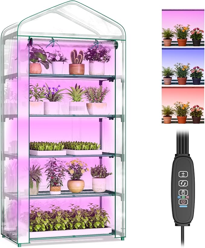 Indoor Greenhouse with Grow Light, 5-Tier Mini Greenhouse 35.4"x19"x74.8" Small Greenhouse with Zippered PVC Cover for Seed Starting Trays, Dimmable Plant Light for Indoor Plants with Timer