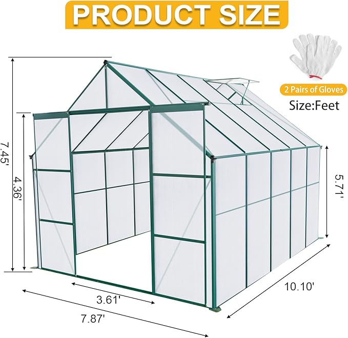 Favfurish 8×10 FT Greenhouses for Outdoors,Polycarbonate Greenhouse, Aluminum Heavy Duty Walk-in Garden Plants Green Houses, Raised Base and Double Sliding Door for Outside Backyard, Green