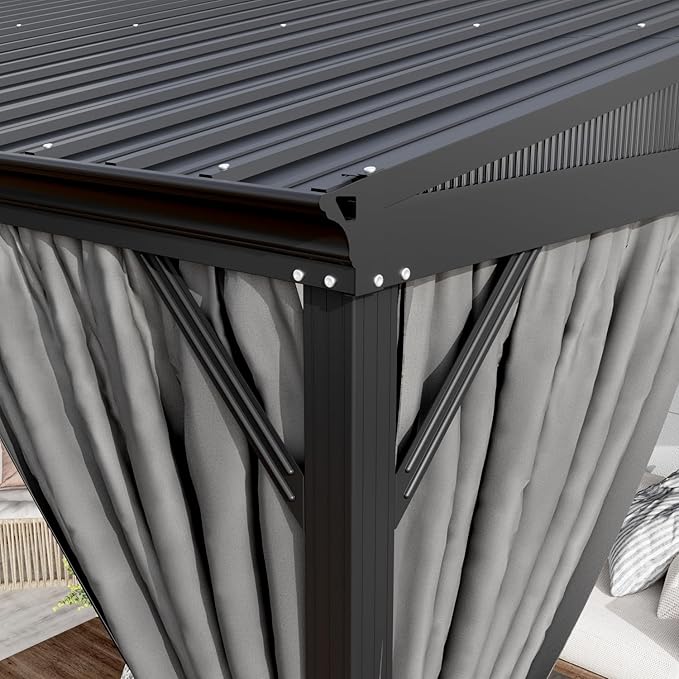 MOUMON 12x14Ft Hardtop Gazebo, Aluminum Frame Wall Mount Outdoor Gazebo with Netting & Curtains, Sloping Galvanized Iron Roof, Sun Shade Pergola Canopy for Patio Garden Backyard, Black Grey