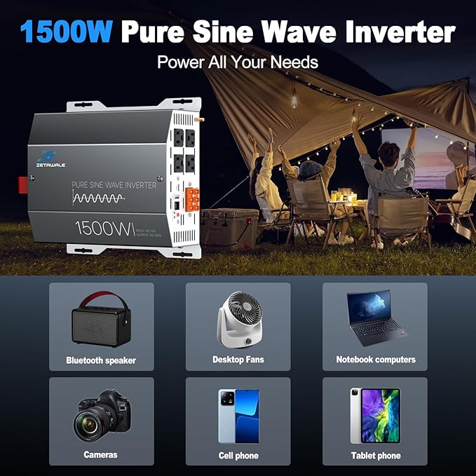 1500 Watt Pure Sine Wave Inverter 12v DC to 110v 120v AC Converter,3000W Peak Power Inverter with 4 AC Outlets,USB Port,Type-C,Remote Control LCD Display for Truck, RV, Vehicles, Solar Off-Grid