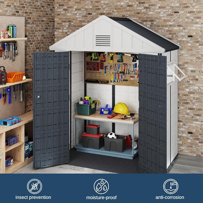 6x4 FT HDPE Resin Outdoor Storage Shed with Reinforced Floor, Injection-Molded Plastic Garden Bike Tool Shed, All-Weather Resistant, Lockable Doors & Window for Backyard Patio