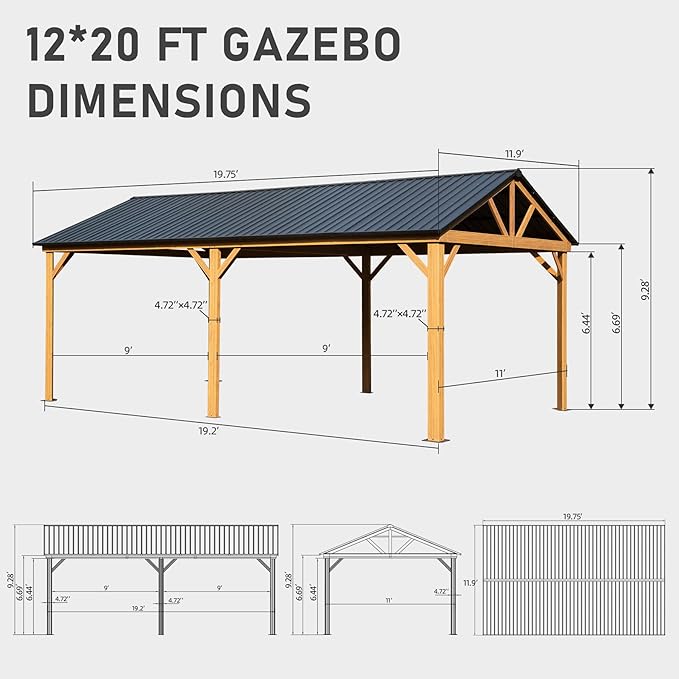 Domi 12' x 20' Hardtop Gazebo with Galvanized Steel Gable Roof, Pergola with Wood-looking Aluminum Frame, Permanent Pavilion Outdoor Gazebo with Ceiling Hook for Deck Patio Lawn Yard Backyard Grill