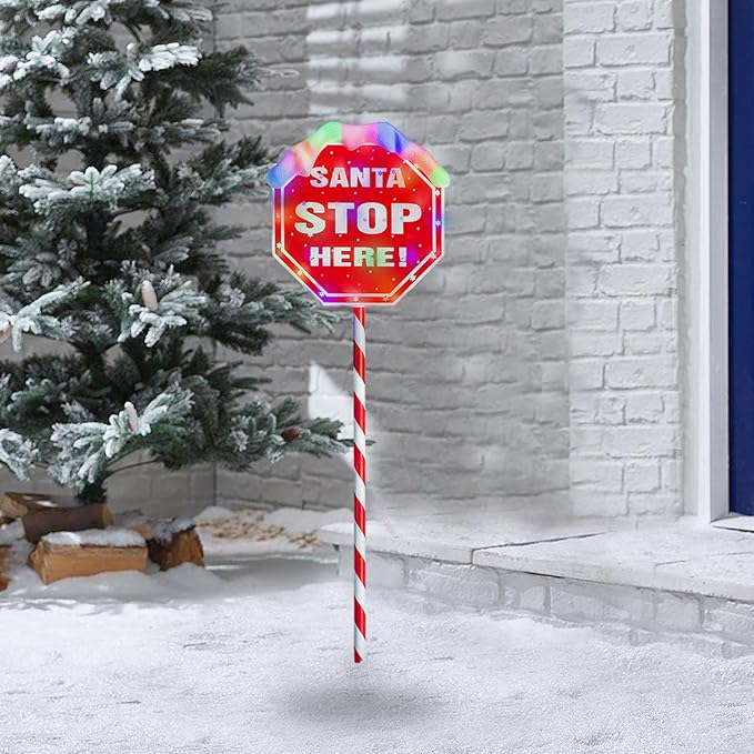 Christmas Santa Stop Here Sign with 30 Multi-color LEDs Battery Operated with Timer Christmas Stop Sign with Base & Stake Xmas Party Landscape Patio Decor