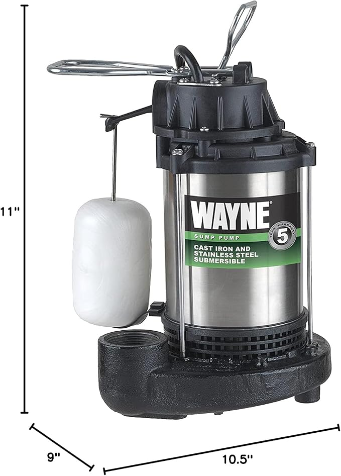 Wayne 58321-WYN3 CDU980E 3/4 HP Submersible Cast Iron and Stainless Steel Sump Pump with Integrated Vertical Float Switch, Large, Silver