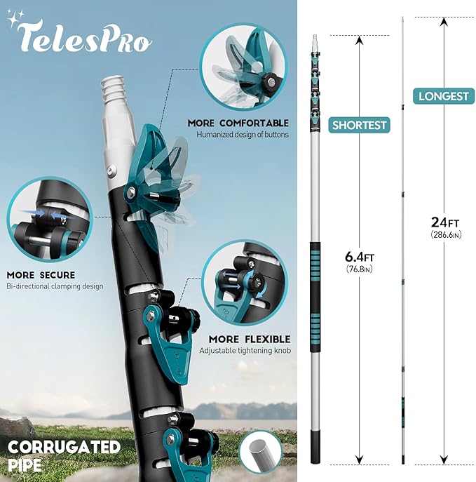 Extendable Tree Trimmer: Manual Pole Saw | 6-24ft Telescoping Pruning Pole for Tree Trimming | Saw Attachment, Safety Goggles, and Gloves Included | Trim Branches up to 2" Diameter