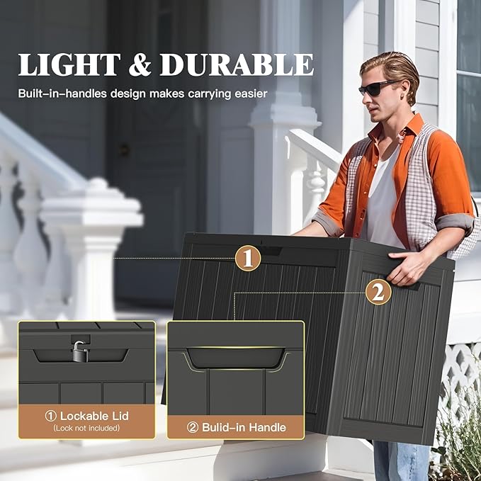Outdoor Storage Box, Deck Box Waterproof 45 Gallon, Resin Outside Storage, Storage Bin for Package Delivery, Patio Furniture Cushion, Pool Accessories, Weatherproof and UV Resistant, Black