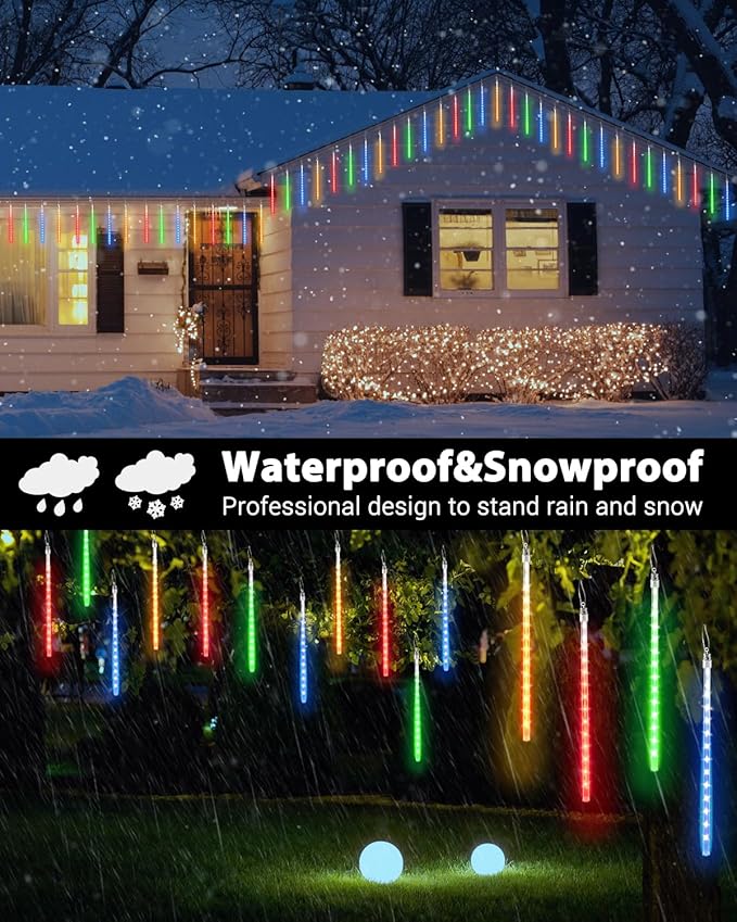 Flacchi Solar Meteor Shower Icicle Lights - 20 Tubes 480 LED Cascading Raindrop Lights, Outdoor Waterproof Christmas Decorations for Holiday Party(4 in 1 Multi-Colored, Solar 20 Tubes)