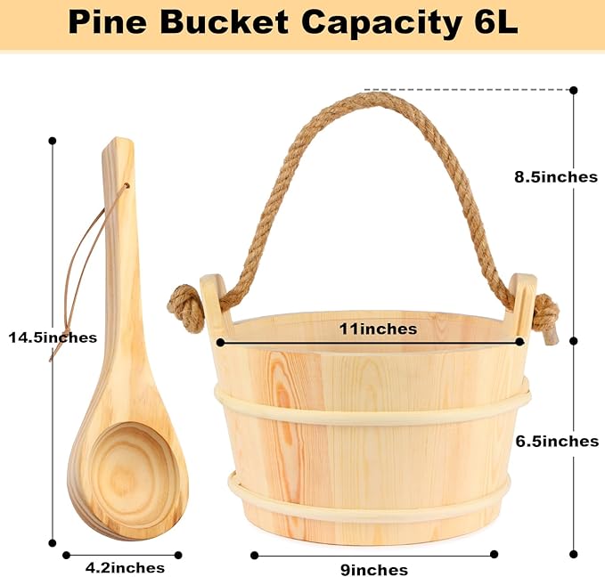 6L-1.6Gal Pine Wood Sauna Bucket and Ladle Set, Complete Handmade Wooden, 14.5″ Sauna Ladle,Premium Pine Sauna Accessories Kit for Steam Sauna, Natural Wooden Bucket for Sauna