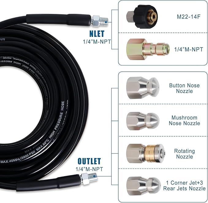 50FT Sewer Jetter Kit for Pressure Washer, 5800PSI Water Jet Durable Drain Cleaner Hose 1/4 Inch NPT Corner with 4 Specialized Nozzles，Waterproof Tape, Pearl Corsage Pin, Handle Strap & 2 Spanners