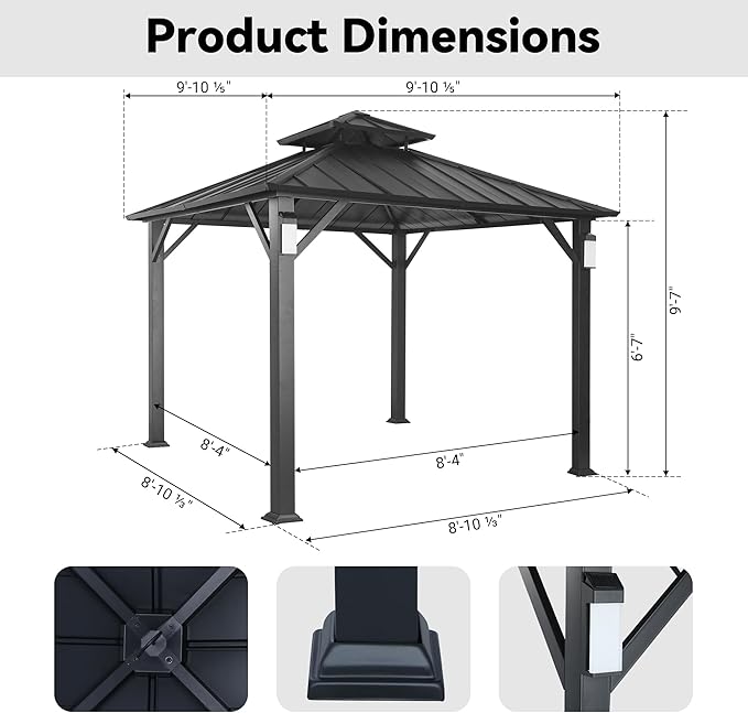 Modern Shade Hardtop Gazebo 10' x 10', Permanent Metal Gazebo with 4 LED Lights, Outdoor Pavilion with Galvanized Steel Roof & Frame Patio Pavilion for Backyard, Deck, Garden, Lawn