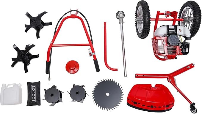 49cc 2-Stroke Gas Lawn Mower, 2-in-1 High Speed Brush Lawn Mower, 1.8kw Walk Behind Weed Trimmer with Single-Cylinder Air-Cooled System, 6500-7000 RPM, Hand Start, Weeding Baffle