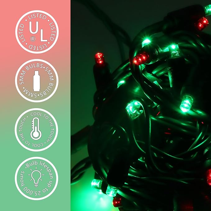 100 LED 5MM Red and Green Christmas Lights, 33FT Indoor/Outdoor String Light, Mini Lights for Garden, Patio, Christmas Trees - Green Wire, Commercial Grade, UL Listed