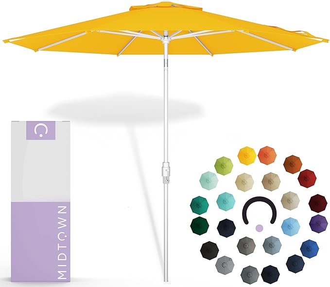 Midtown Umbrellas The Swilt 9 Feet Patio Umbrella in Sunbrella Yellow Acrylic Fabric - Fiberglass Ribs, Auto-Tilt Aluminum Frame For Backyard, Deck, Garden, Pool - White Pole