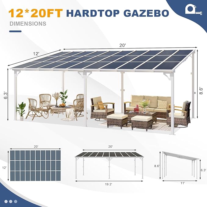 MEISSALIVVE Wall Mounted Lean to Metal Awnings - 12' x 20' White Sloped Roof Gazebo Pergola for Backyard Deck Patio, White